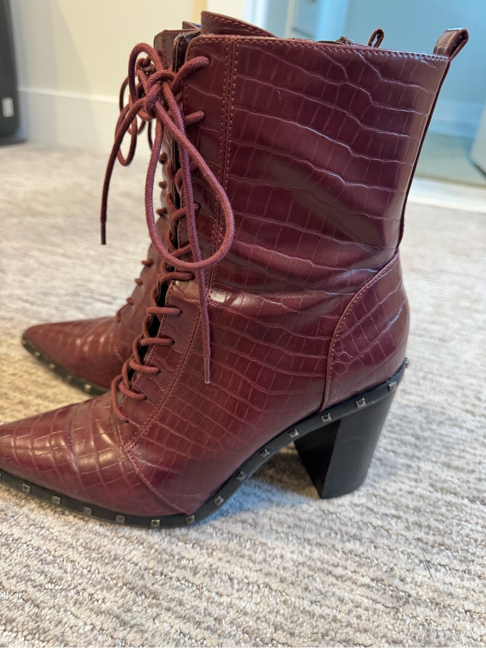 Charles David Burgundy Croc-Embossed Lace-Up Block Heel Ankle Boots - Picture 4 of 7